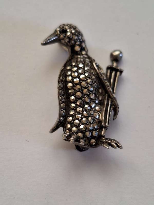 Marcisite silver penguin brooch