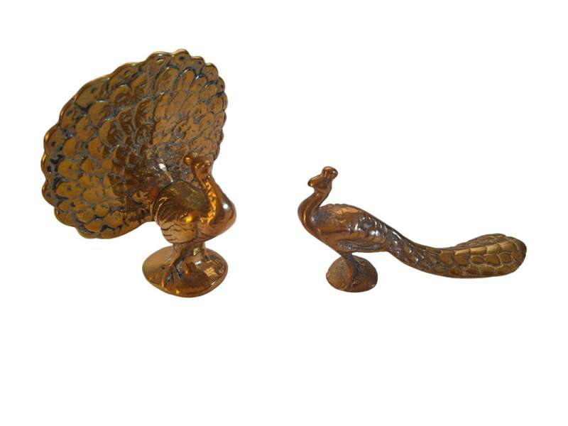 Pair of brass peacock ornaments  5cm and 9cm high