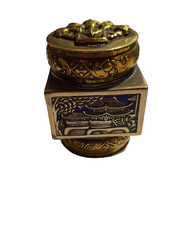 Champleve enamelled and embossed brass canister stunning
