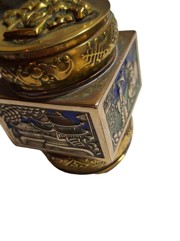 Champleve enamelled and embossed brass canister stunning