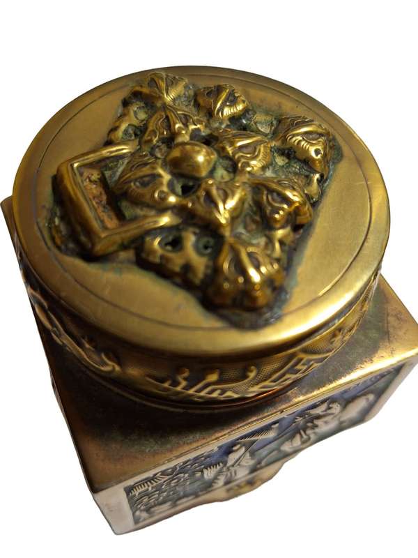 Champleve enamelled and embossed brass canister stunning