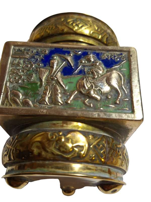 Champleve enamelled and embossed brass canister stunning