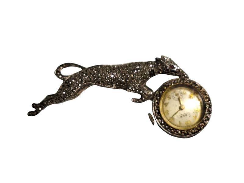 Vintage sterling silver and marcasite brooch with watch (not working)