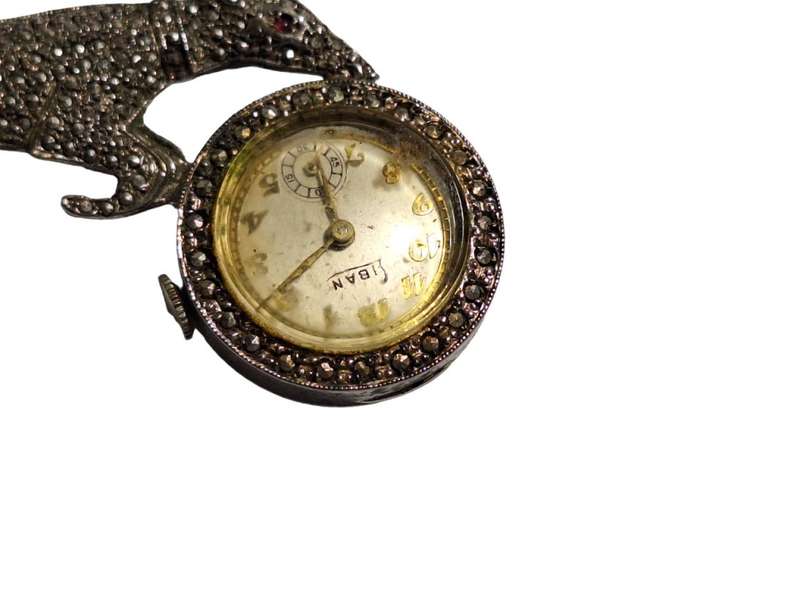 Vintage sterling silver and marcasite brooch with watch (not working)