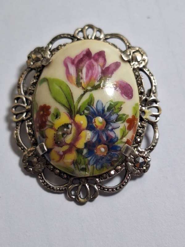 Limoges brooch in silver?? surrounds