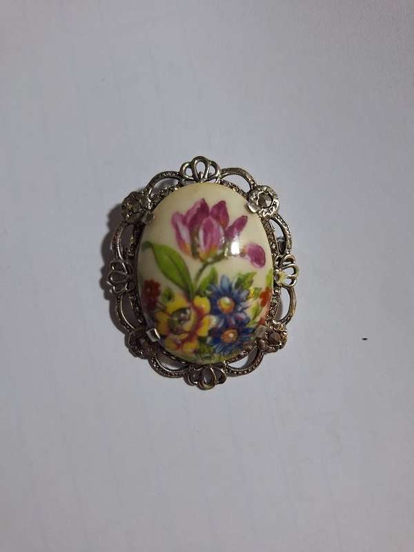 Limoges brooch in silver?? surrounds