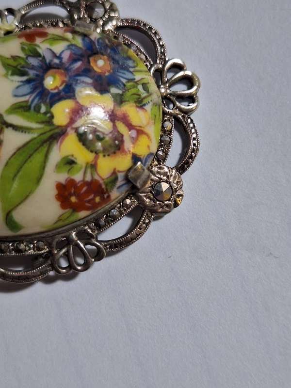 Limoges brooch in silver?? surrounds