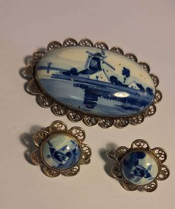 1950s delft earring and brooch set in sterling silver