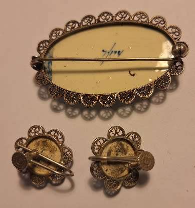 1950s delft earring and brooch set in sterling silver
