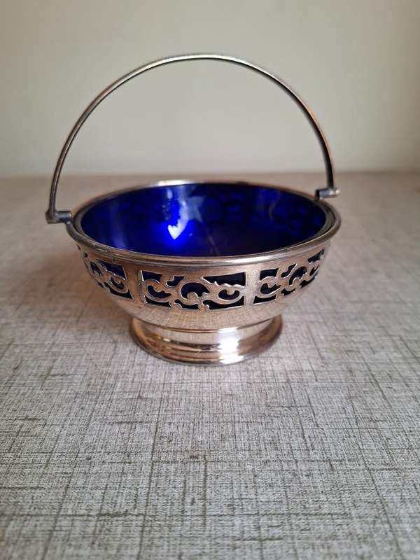 Pretty silver plated sweet basket with blue glass liner