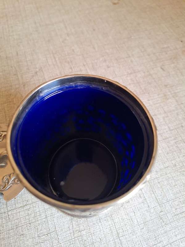 Stunning silver plated jar with blue glass liner