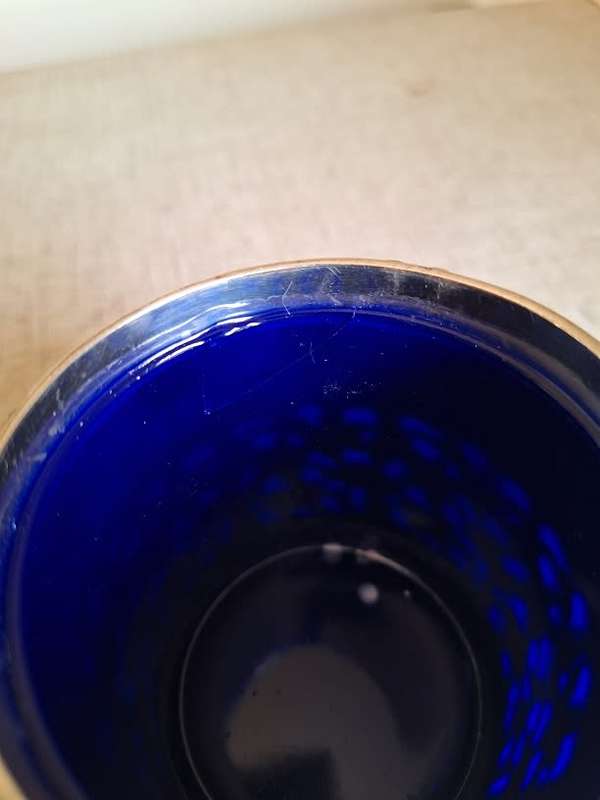 Stunning silver plated jar with blue glass liner