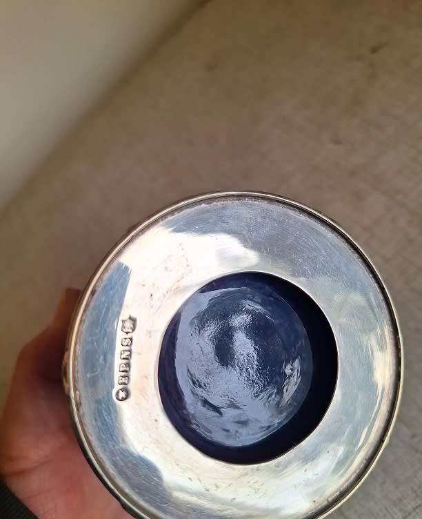 Stunning silver plated jar with blue glass liner