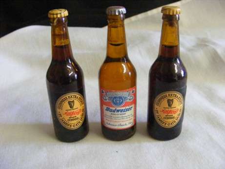 3 MINIATURE BEER BOTTLES, SEALED