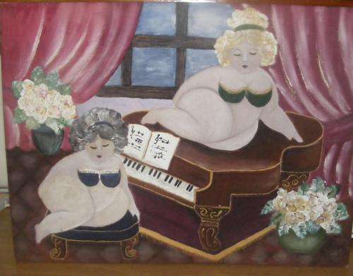 THE TWO FAT LADIES PAINTED WITH FABRIC PAINT UNFRAMED