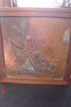 LOVELY FRAMED COPPER WAGON WHEEL PICTURE NEEDS TLC