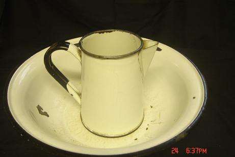 LOVELY OLD ENAMEL BASIN AND WATER JUG