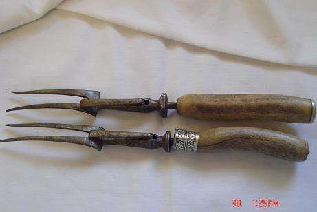 2 VERY OLD BONEHANDLE CARVING FORKS IN NEED OF RESTORATION