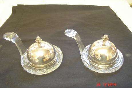 GLASS BUTTER SERVERS WITH SILVER PLATED LIDS