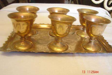 LOVELY BRASS TRAY WITH 6 SMALL GOBLETS
