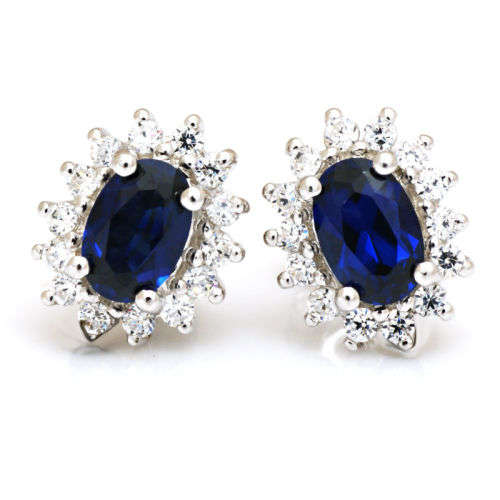 Princess Lab Sapphire Earrings Studs set in.925 Sterling Silver