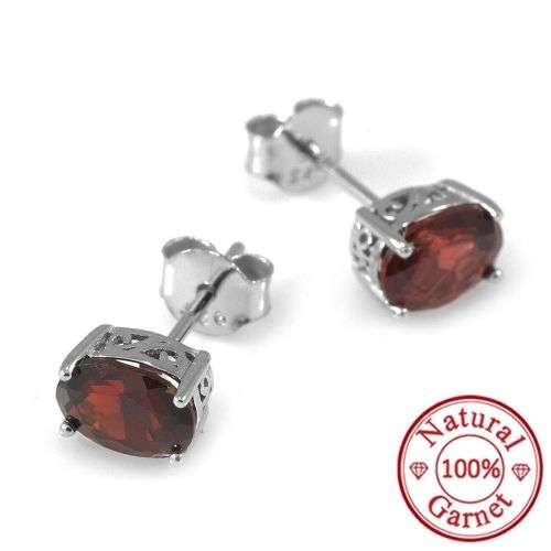 Earrings~Genuine Garnet Oval Stud Earrings .925 Silver