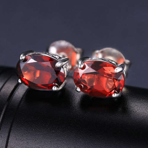 Earrings~Genuine Garnet Oval Stud Earrings .925 Silver