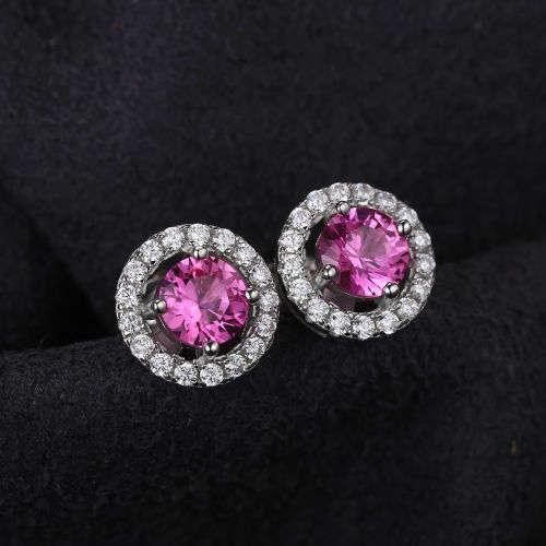 EARRINGS~Round 1.4ct Lab Created Pink Sapphire .925 Sterling Silver Stud Earring