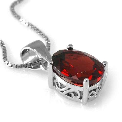 Pendant with chain~Genuine Garnet Oval Pendant  .925 Silver