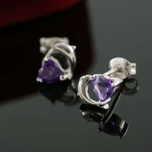 EARRINGS: HEART Genuine Amethyst Dolphin Earrings Studs 925 Silver