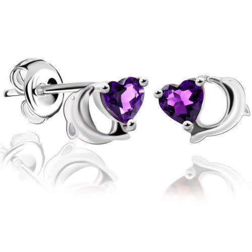 EARRINGS: HEART Genuine Amethyst Dolphin Earrings Studs 925 Silver