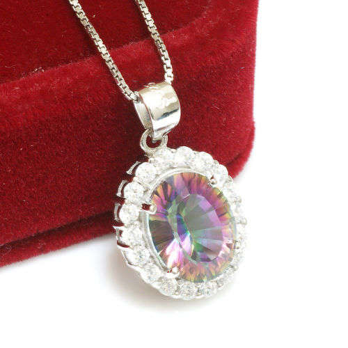 Pendant~2.5ct Genuine Rainbow Topaz pendant & CZ Solid 925 Sterling Silver