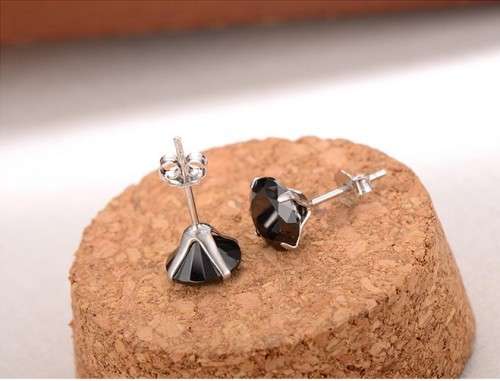 Earrings- Black Cubic Zirconia Earrings Stud 925 Sterling Silver
