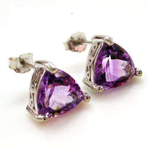 Natural Amethyst Earrings Studs 925 Silver Triangle