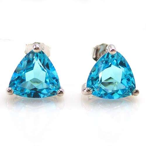 Earrings - Beautiful 3.5ct Natural Swiss Blue Topaz Triangle Studs .925 Silver