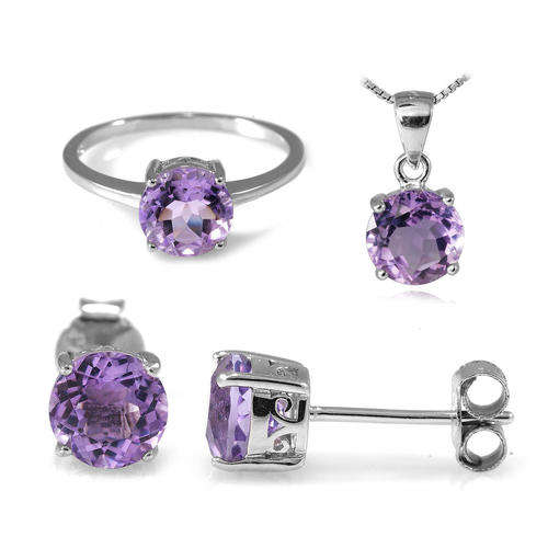 Genuine Amethyst Round Set: Pendant, Necklace, Earrings, Ring size 7 all set in  .925 Silver 4-6ct