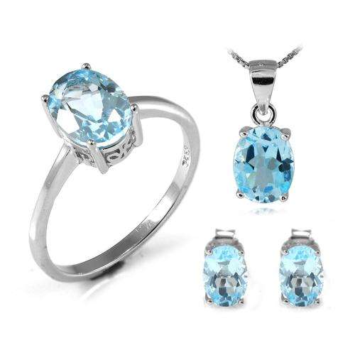 Genuine Topaz Oval Set: Pendant, Necklace, Earrings, Ring Size 8 .925 Silver 4-6ct