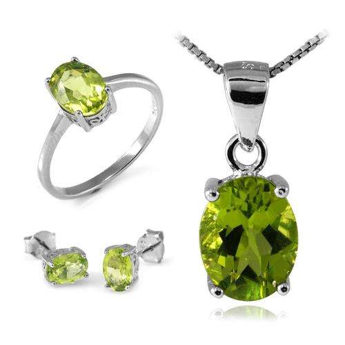 Genuine Peridot Oval Set: Pendant, Necklace, Earrings, Ring .925 Silver 4-6ct