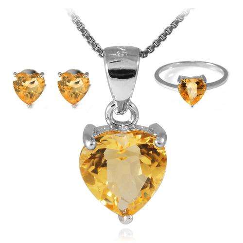 Genuine Citrine Heart Set: Pendant, Necklace, Earrings, Ring .925 Silver 4-6ct