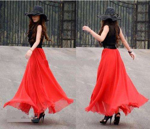 Maxi Length Chiffon Skirt - RED fully lined