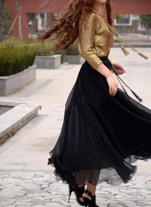 Maxi Length Chiffon Skirt - BLACK fully lined