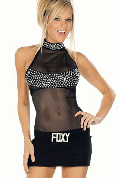Stretch BLACK  Rhinestone Bustier with Mesh Halter and Midsection Mini Club Dress