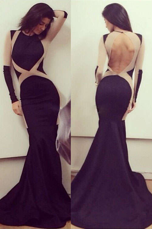 Maxi Stretch  BLACK  with NUDE Mesh Inserts - Mermaid Style Low Open Back Long Sleeves
