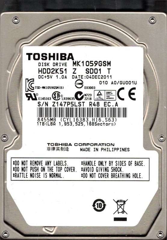 LATE ENTRY!! Toshiba 1000GB 2.5" SATA Laptop HDD!! 100% Health Report