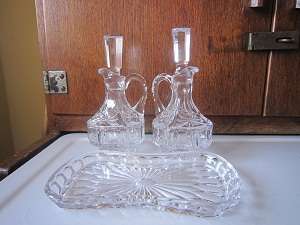 LOVELY CUT GLASS 3 PIECE SALAD DRESSING SET