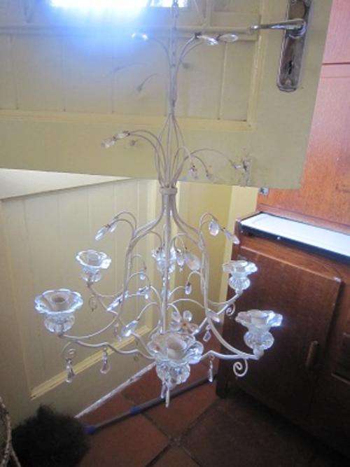 6 BRANCH METAL, GLASS AND CRYSTAL HANGING CANDLE CHANDELIER  ITEM NO 370