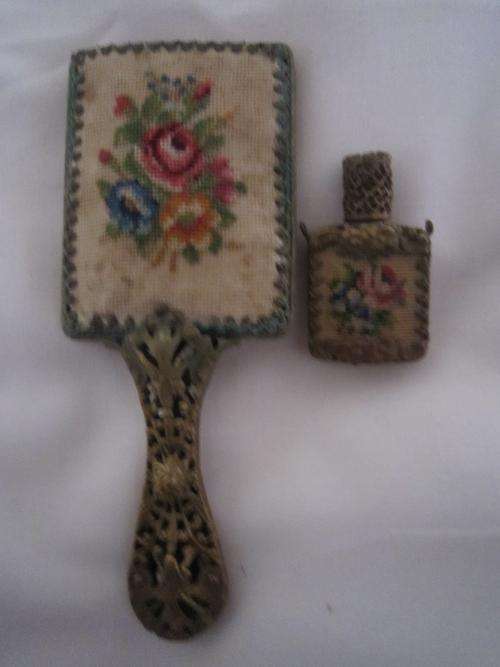 Exquisite miniature brass tapestry mirror & scent bottle