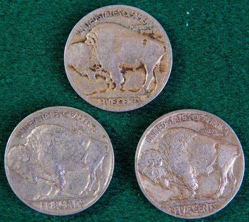 USA Buffelo Nickels 1913, 1924 and 1936. 1924 Very Worn. 1913 High CV