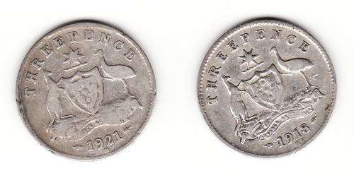Australia 1918 & 1921 3 Pence  .925 Silver