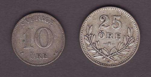 Sweden 1929 10 Ore and 1936 25 Ore .60 Silver